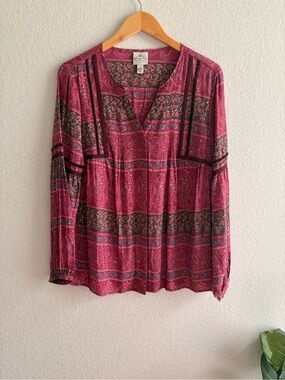 St John's Bay Pink/ Magenta V-neck Paisley & Floral Button Up Peasant Top Sz M